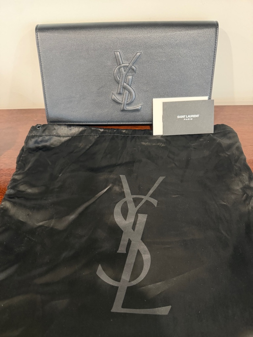 Saint Laurent black Embossed YSL Leather Clutch with Dust Bag